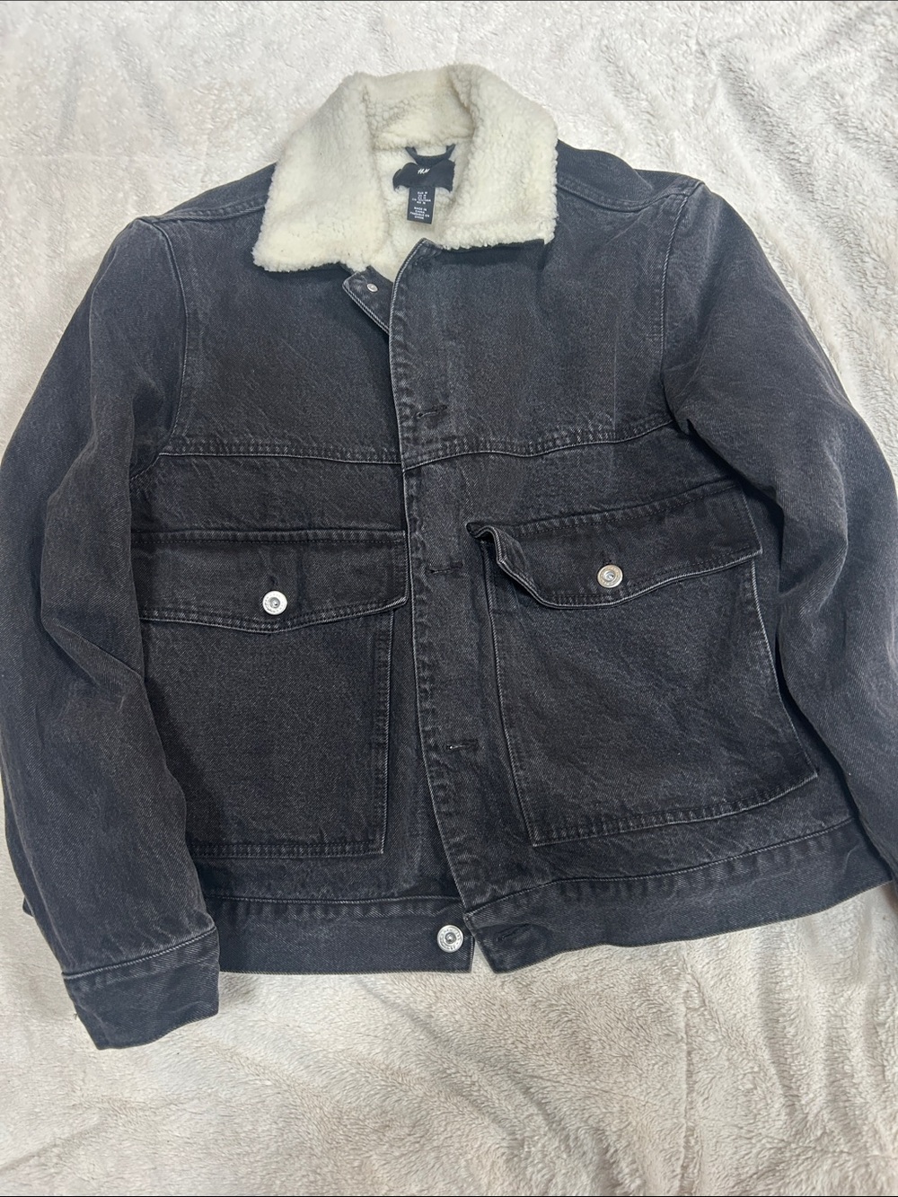 H&M Black Denim Bomber Jacket with Cream Sherpa Collar
